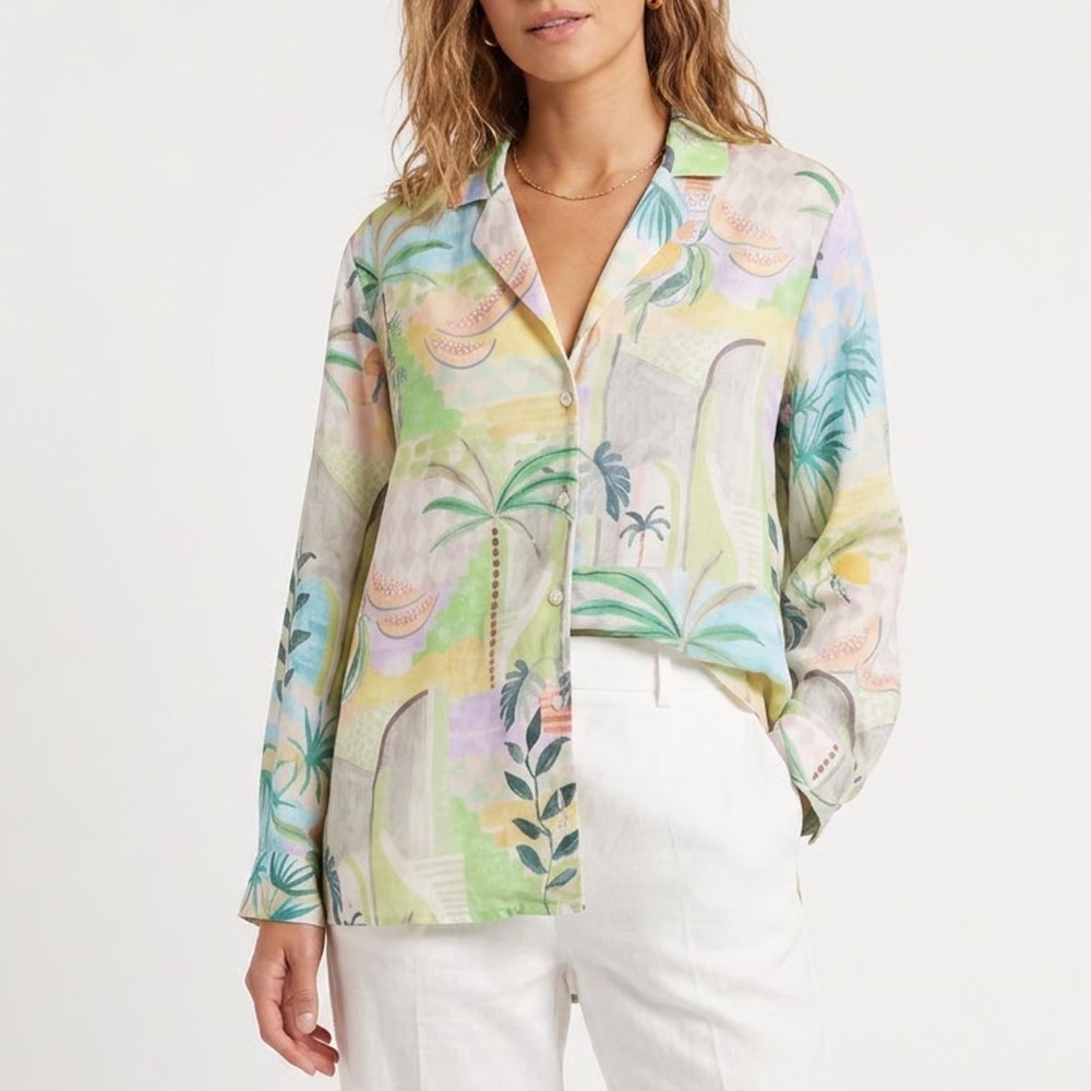 Dress Forum Los Angeles Tropical Palm Tree Pastel Button Down Shirt Large